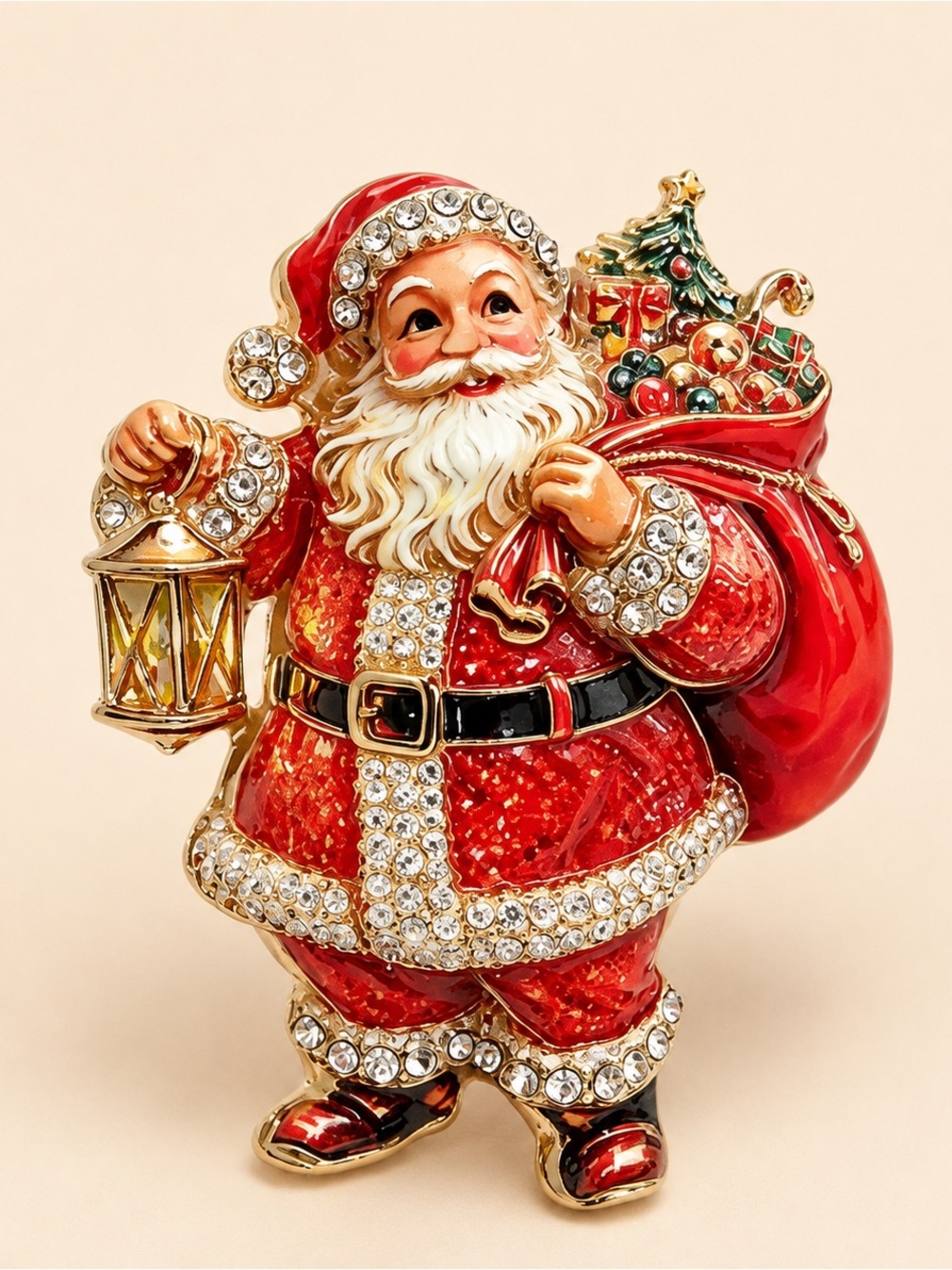 Cute Santa Claus Gold Lantern Holiday Brooch